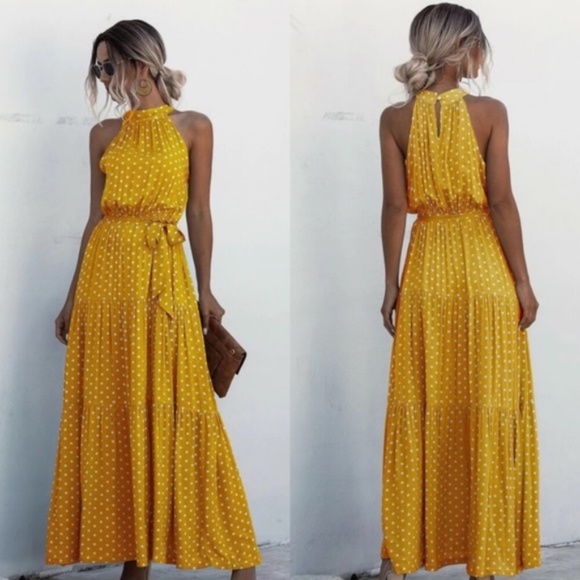 Boho Mustard belted polka dot layer ruffle halter Dress - Picture 2 of 5